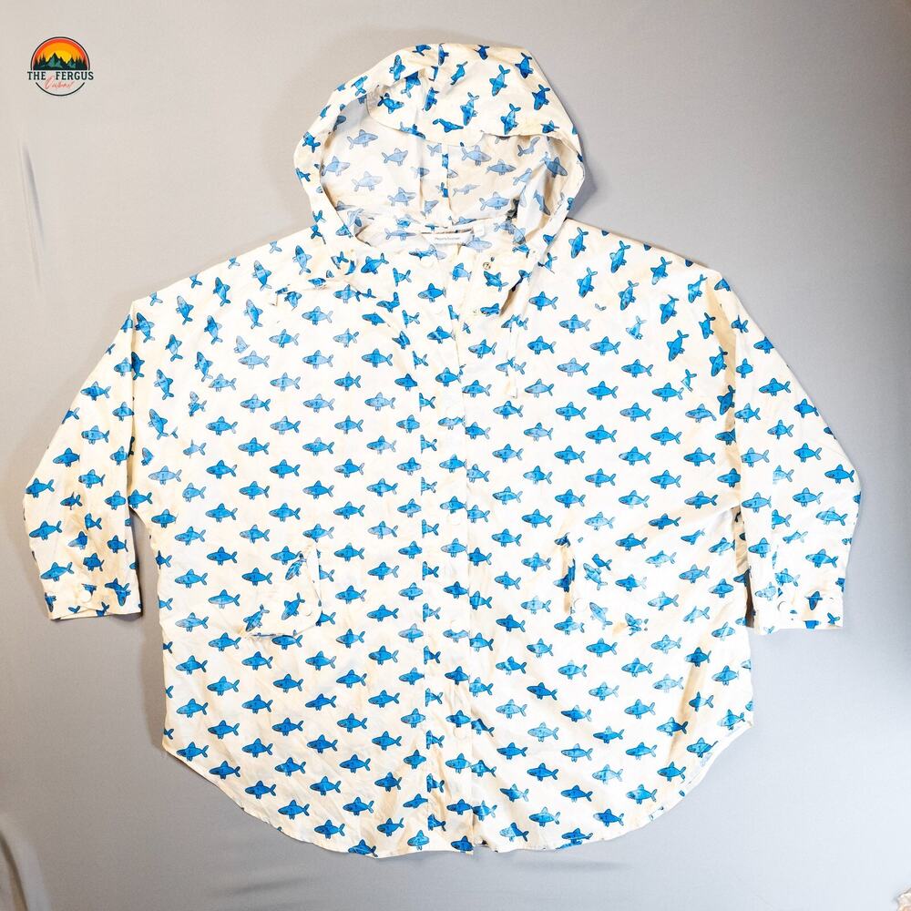 Meters/Bonwe Hooded Windbreaker Beige Blue Packable Shark Print Girls Sz 160/84A
